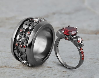 Till Death Do Us Part His and Her Matching Skull Engagement Ring Wedding Band Set Promise Anniversary Rings for Couple Gifts Sterling Silver