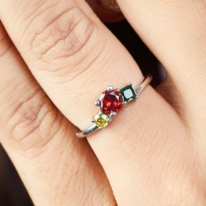 Multi-Gemstone Ring, Birthstone Ring, 3 Stone Mothers Ring, Personalized Gift for Her, Dainty Midi Minimalist Jewelry, 925 Sterling Silver