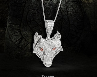 Iced Out Wolf Pendant With Red Eyes - Sterling Silver Moissanite