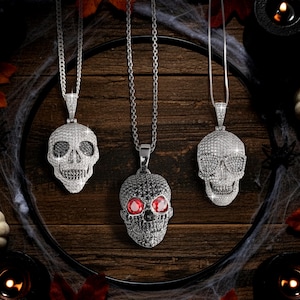 Moissanite Iced Out Schädel Anhänger Halskette 925 Sterling Silber Gothic Halloween Schmuck Biker Hip Hop Bling Spooky Swagger Schädel Charme Geschenk