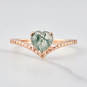 Natural Green Moss Agate Heart Ring, Rose Gold Heart Engagement Ring for Women, Curved Wedding Ring, Promise Ring for Her, Anniversary Gift