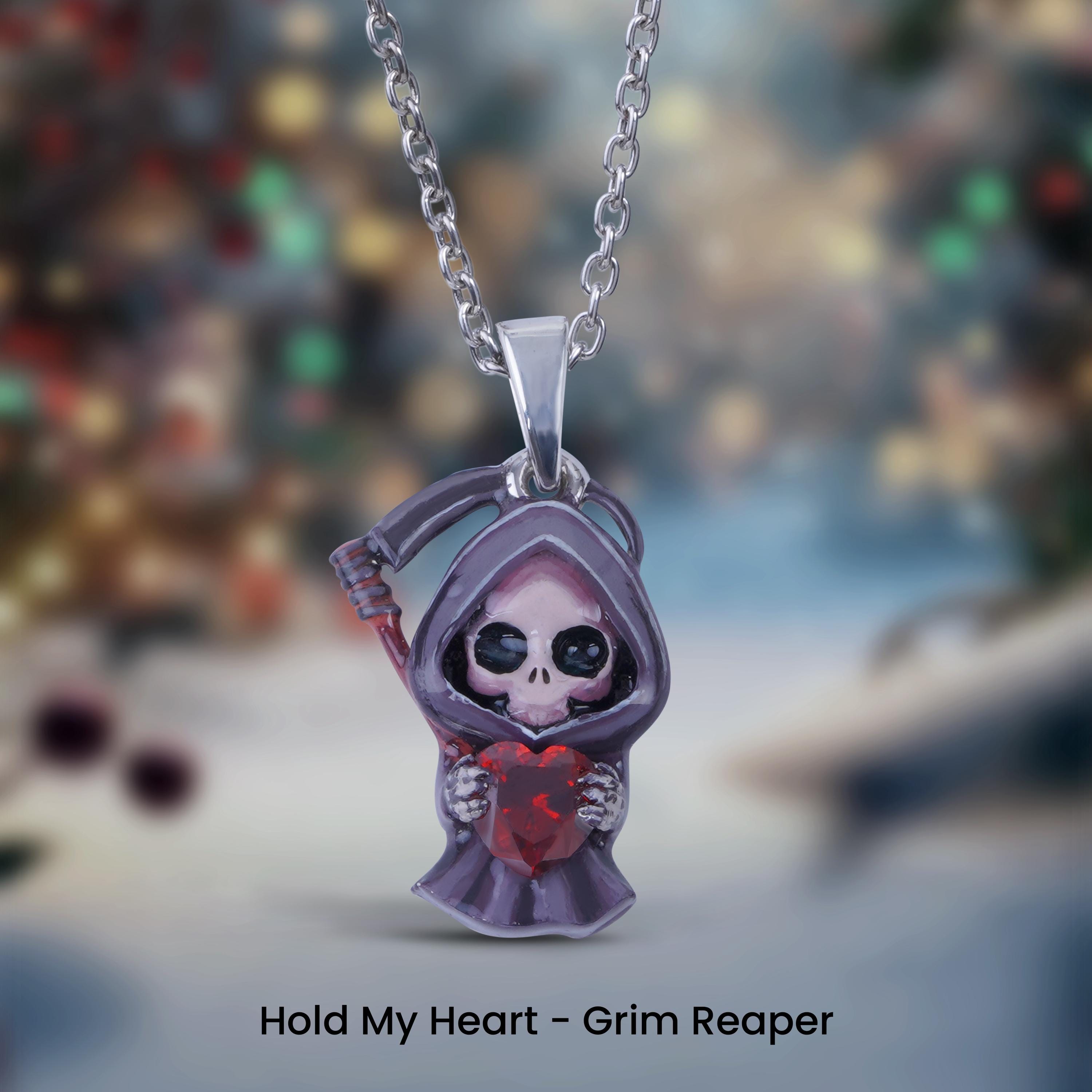 Grim Reaper Necklace 3D Enameled Skeleton Scythe Reaper Pendant 18 