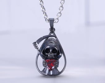 Collana Grim Reaper con teschio e scheletro, ciondolo con falce, Santa Muerte, argento sterling 925, Hold My Heart, gioielli gotici, regalo di Halloween, metallo canna di fucile Fn