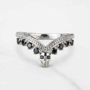 Vintage vigselring med dödskalle för kvinnor, gotisk stapelbar förstärkningsring i sterlingsilver med svart moissanit