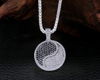 Yin Yang Necklace 925 Sterling Silver Black and White Cubic Zirconia Iced Out Yin Yang Pendant with Chain Tai Chi Jewelry Balance Spiritual