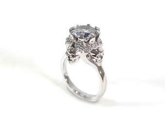 Handmade Skull Ring Womens 1.95TCW CZ Diamond Skull Engagement Ring Gothic Skull Wedding Rings Halloween Gift White Gold 925 Sterling Silver
