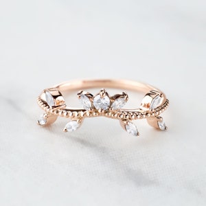Rose Gold Art Deco Wedding Band Women&#39;s Ring Enhancer AAA CZ Diamond Marquise Ring Anniversary Band Gift for Her Milgrain Vintage Handmade