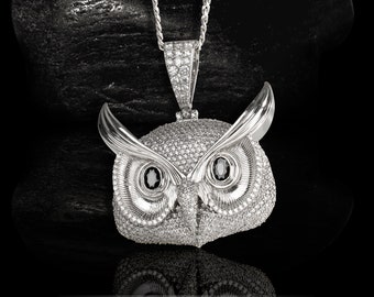 Moissanite Full Diamond Iced Out Owl Pendant With Chain Sterling Silver Owl Necklace Locket Gothic Jewelry Halloween Gift Him Her Black Eyes