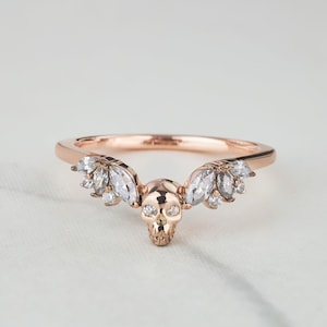 Skull Engagement Ring Enhancer, 0.25CT AAA CZ Skull Ring Women, Curved Wedding Band, Anniversary Gift for Her, Stacking, 925 Sterling Silver
