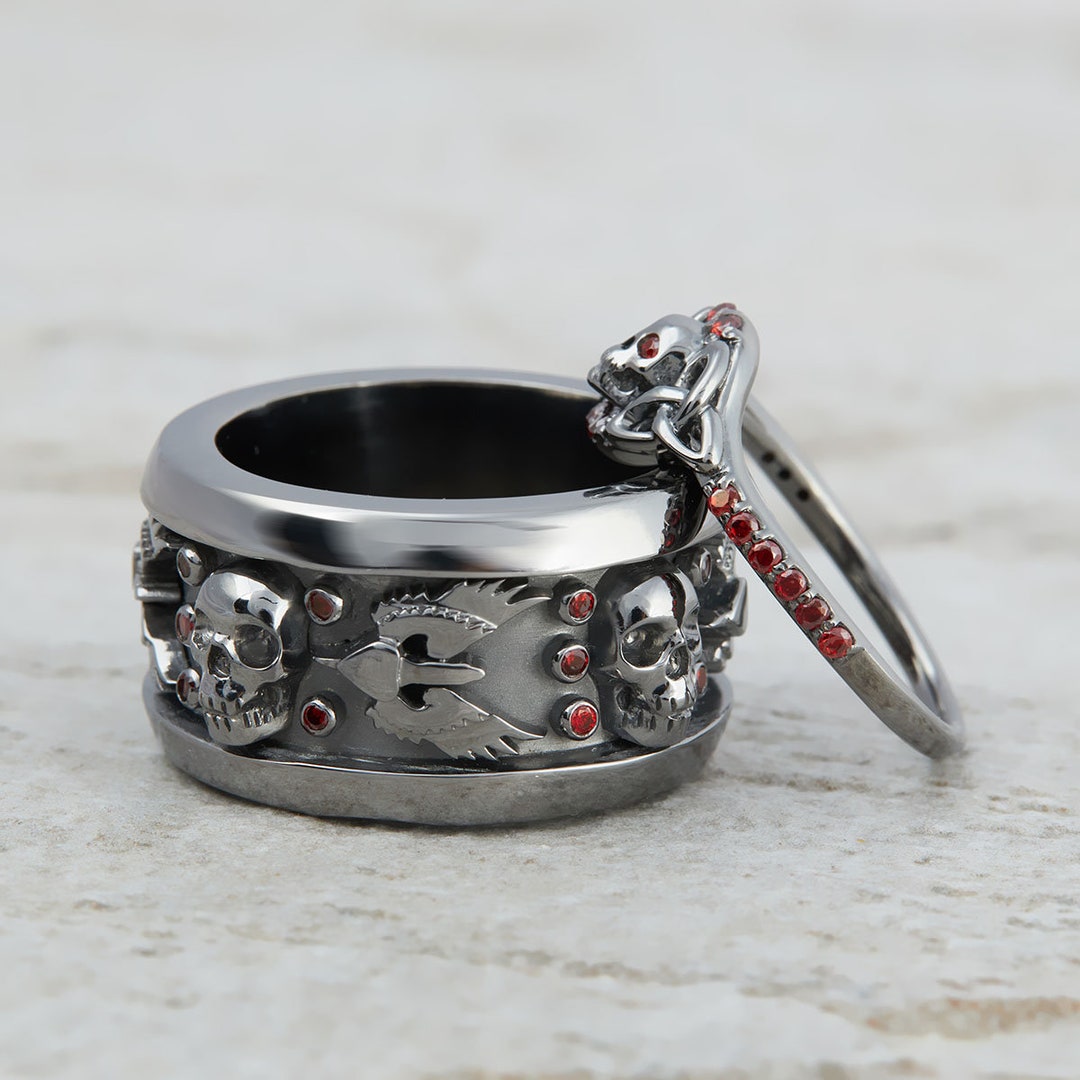 Anillos de calavera de plata de ley 925 para pareja para él y para ella,  conjunto de anillo de boda hasta la muerte, joyería gótica de granate rojo, 
