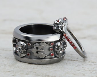925 Sterling Silver Skull Rings for Couple His and Her Matching Till Death Wedding Ring Band Set Red Garnet Gothic Jewelry Gun Metal Plated