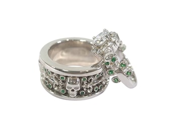 Halo Diamond Skull Engagement Ring, Fleur De Lis Skull Wedding Band, His and Her Skull Ring Set, Matching Couple Rings, 925 Sterling Silver
