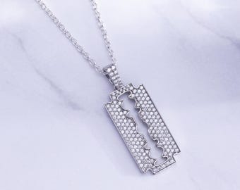 Razor Blade Pendant With Chain 925 Sterling Silver AAA Cubic