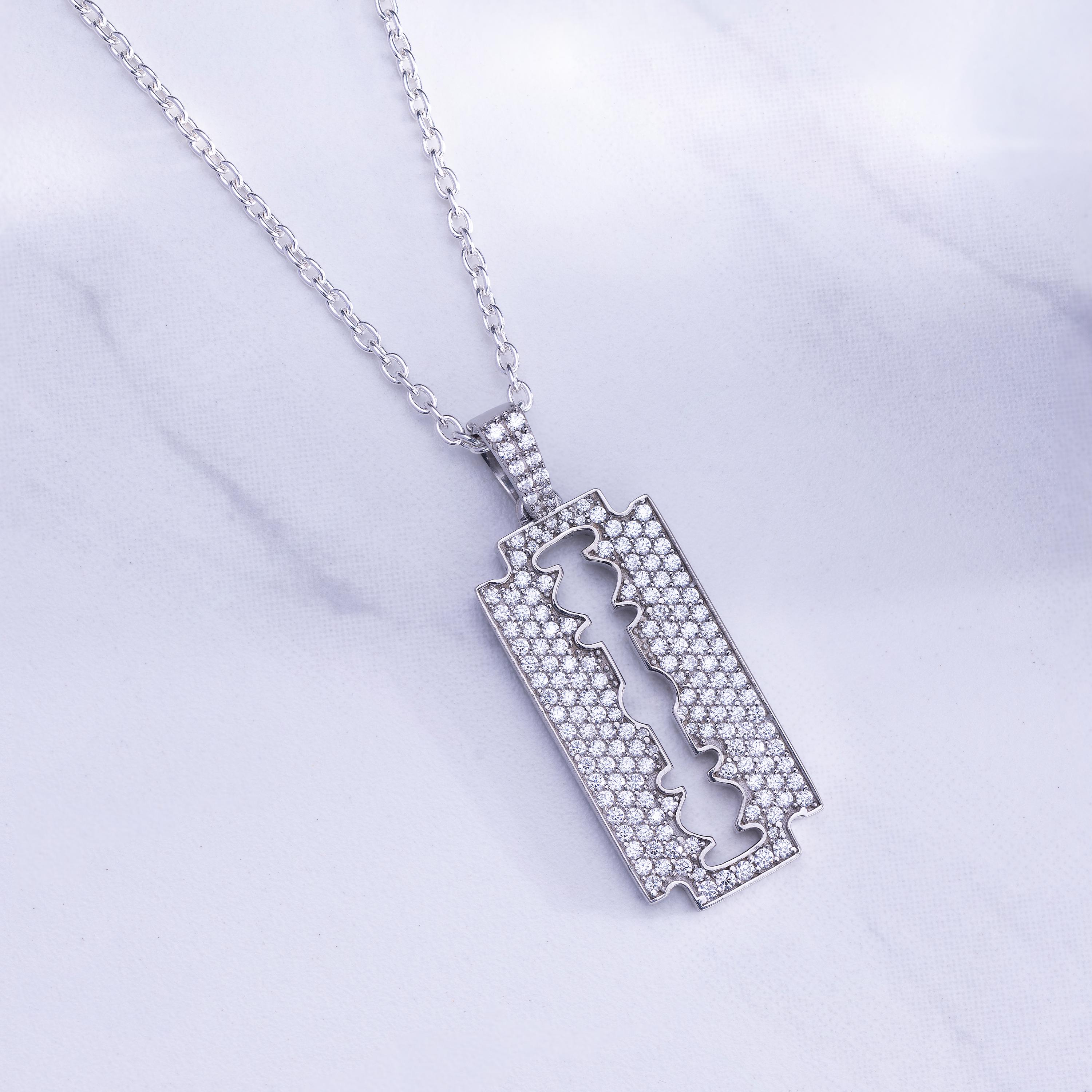 Moissanite Razor Blade Pendant: 925 Sterling Silver Biker Necklace
