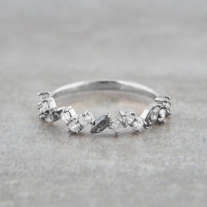 Salt and Pepper Diamond Ring, Natural Diamond Wedding Band Women, Half Eternity Ring, Marquise Gray Diamond Round Moissanite Sterling Silver