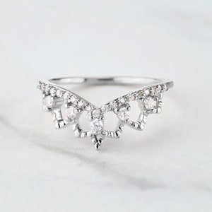 Art Deco Ring Enhancer Moissanite Tiara Wedding Band Women Crown Engagement Ring Guard Rose Gold Sterling Silver Vintage Curved Promise Ring