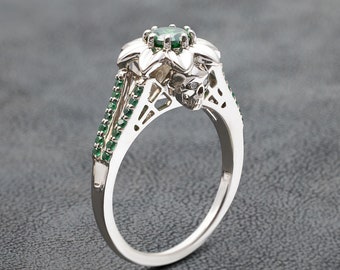 Green Emerald Skull Ring Women, Skull Flower Engagement Ring, Flower Ring, 925 Sterling Silver, Skull Wedding Ring, Gothic Jewelry, Handmade