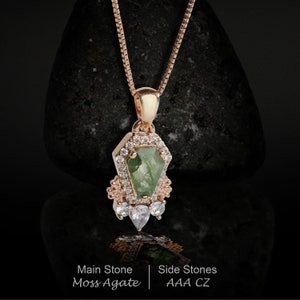 Coffin Necklace Natural Moss Agate Necklace for Women Girl Coffin Pendant Green Moss Agate Pendant Rose Gold Fn Sterling Silver Gift for Her