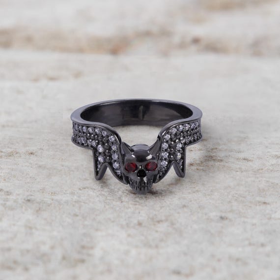Skull Ring With Red Eyes Devil Horn Dark Spooky Evil Gothic