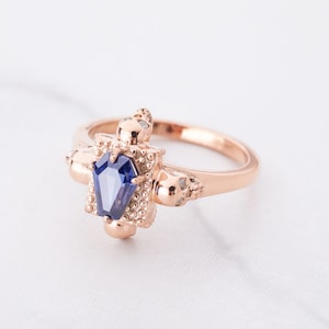 Till Death Do Us Part Coffin Skull Ring Rose Gold Gothic Engagement Rings Blue Titanic Gemstone Skull Anniversary Ring Gift for Goth Lovers