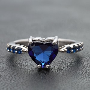 Blauwe natuurlijke saffier verlovingsring voor vrouwen, massief witgouden hartringen, hartvorm beloftering, saffiersieraden, jubileumcadeau
