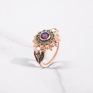 Flower Skull Ring Women Gothic Engagement Rings Green Purple Gemstone CZ Sterling Silver Rose Gold Skull Wedding Ring Witchy Spooky Jewelry
