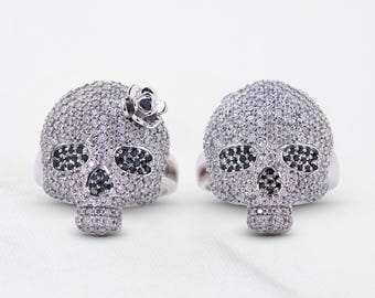 Moissanite Iced Out Sugar Skull Wedding Ring Set Day of The Dead Matching Skull Couple Rings His and Her Engagement Promise Anniversary Gift