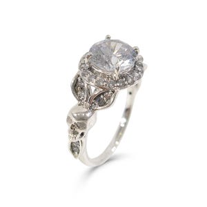 1.65TCW Diamond Skull Ring For Women, Gothic Skull Engagement Ring, 925 Sterling Silver Skull Jewelry, Leaf Floral Halo Skull Wedding Ring
