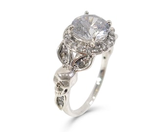 1.65TCW Diamond Skull Ring For Women, Gothic Skull Engagement Ring, 925 Sterling Silver Skull Jewelry, Leaf Floral Halo Skull Wedding Ring