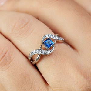 Princess Cut Sapphire Ring, Crossover Sapphire Engagement Ring, Blue Gemstone Ring, White Gold Wedding Rings, Twisted Promise Ring for Women