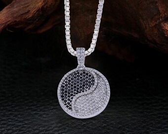 925 Sterling Silver Yin Yang Necklace Black and White Moissanite Iced Out Yin Yang Pendant with Chain Tai Chi Jewelry Balance Spiritual Gift