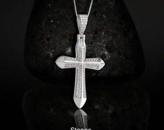 Iced Out Cross Pendant Necklace for Men Women Sterling Silver Rapper Hip Hop Jewelry Moissanite Icy Holy Cross Christmas Gift Faith Jewelry