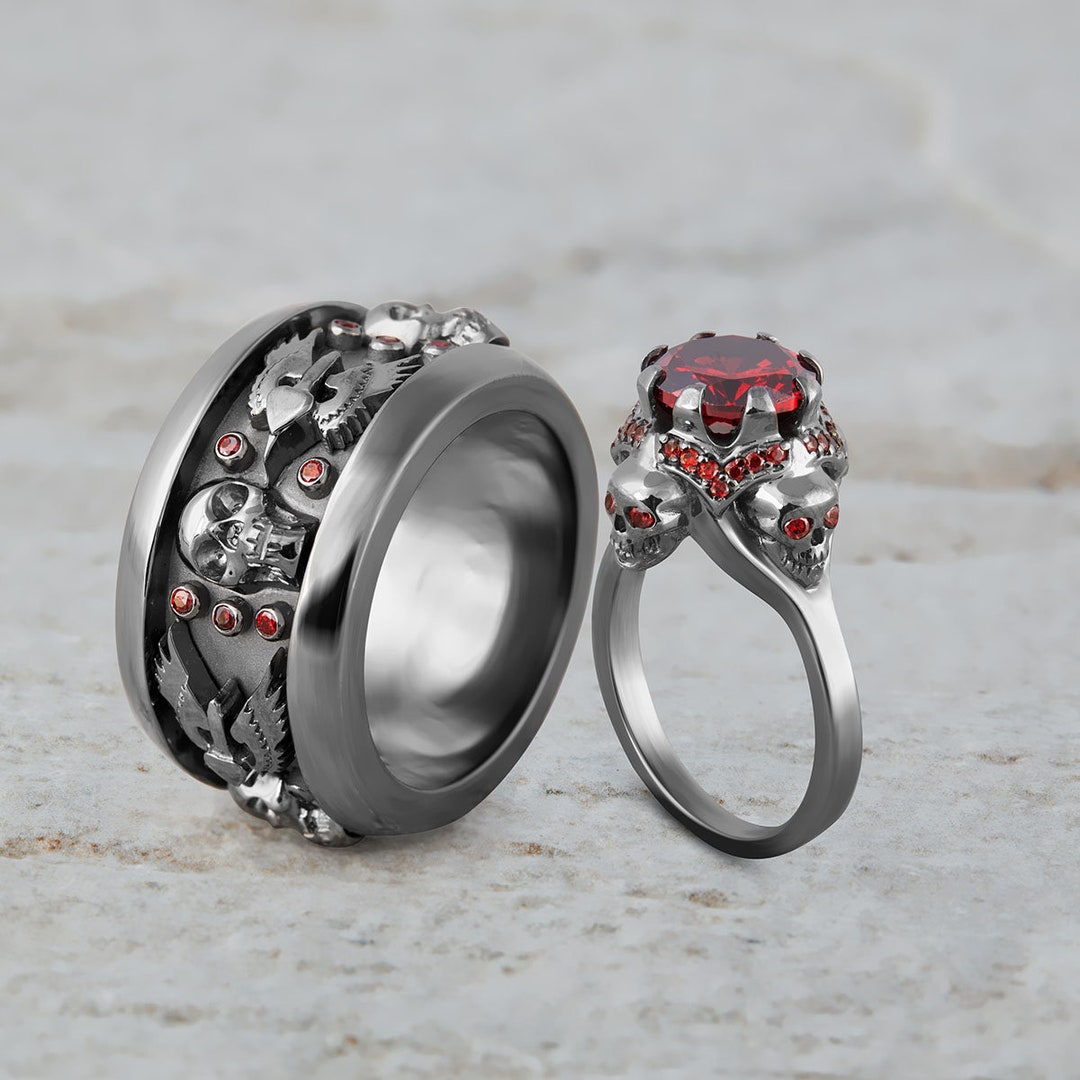 His and Her Skull Wedding Ring Set Gothic Couple Matching Wings Heart ...