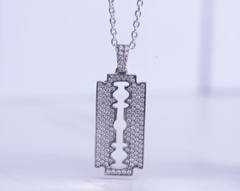 Razor Blade Pendant With Chain 925 Sterling Silver AAA Cubic