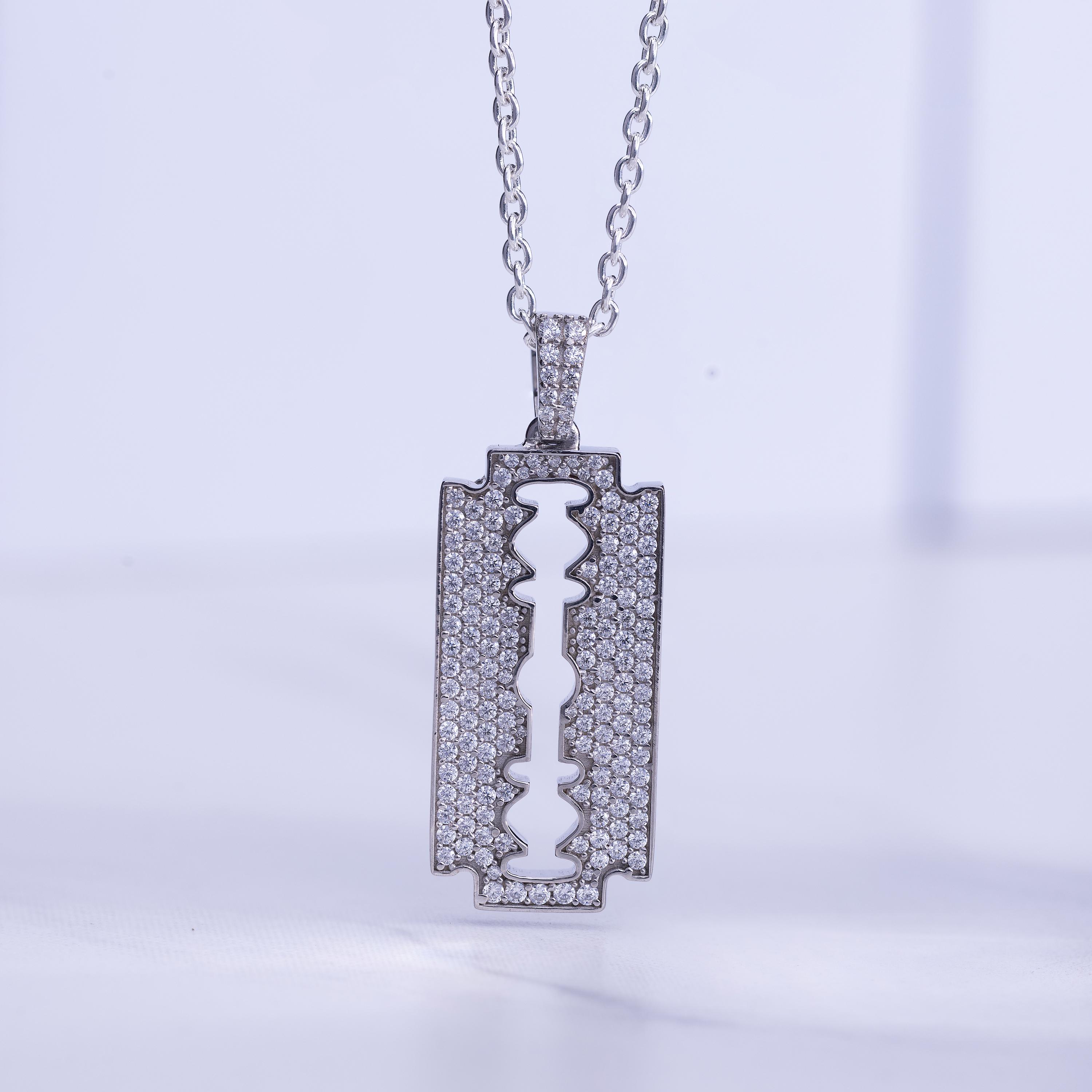 Razor Blade Pendant With Chain 925 Sterling Silver AAA Cubic