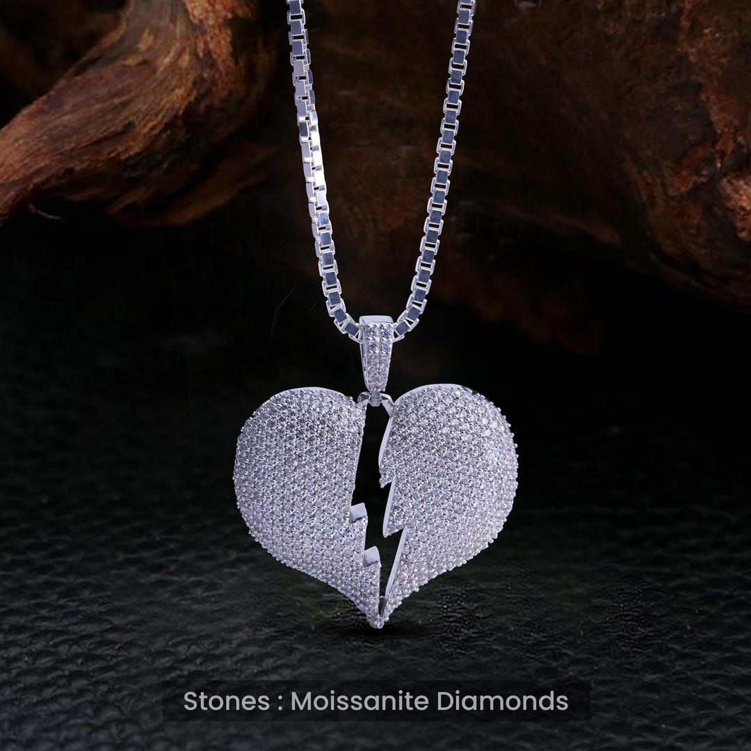 Broken Heart Pendant Necklace - Sterling Silver Moissanite Iced
