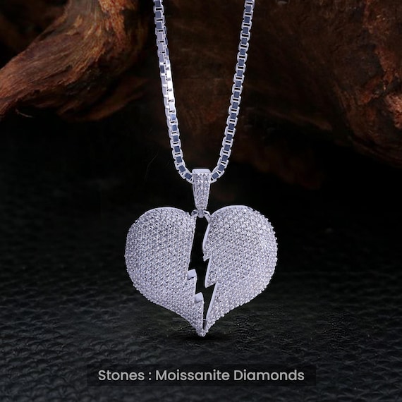Broken Heart Pendant Necklace - Sterling Silver Moissanite Iced