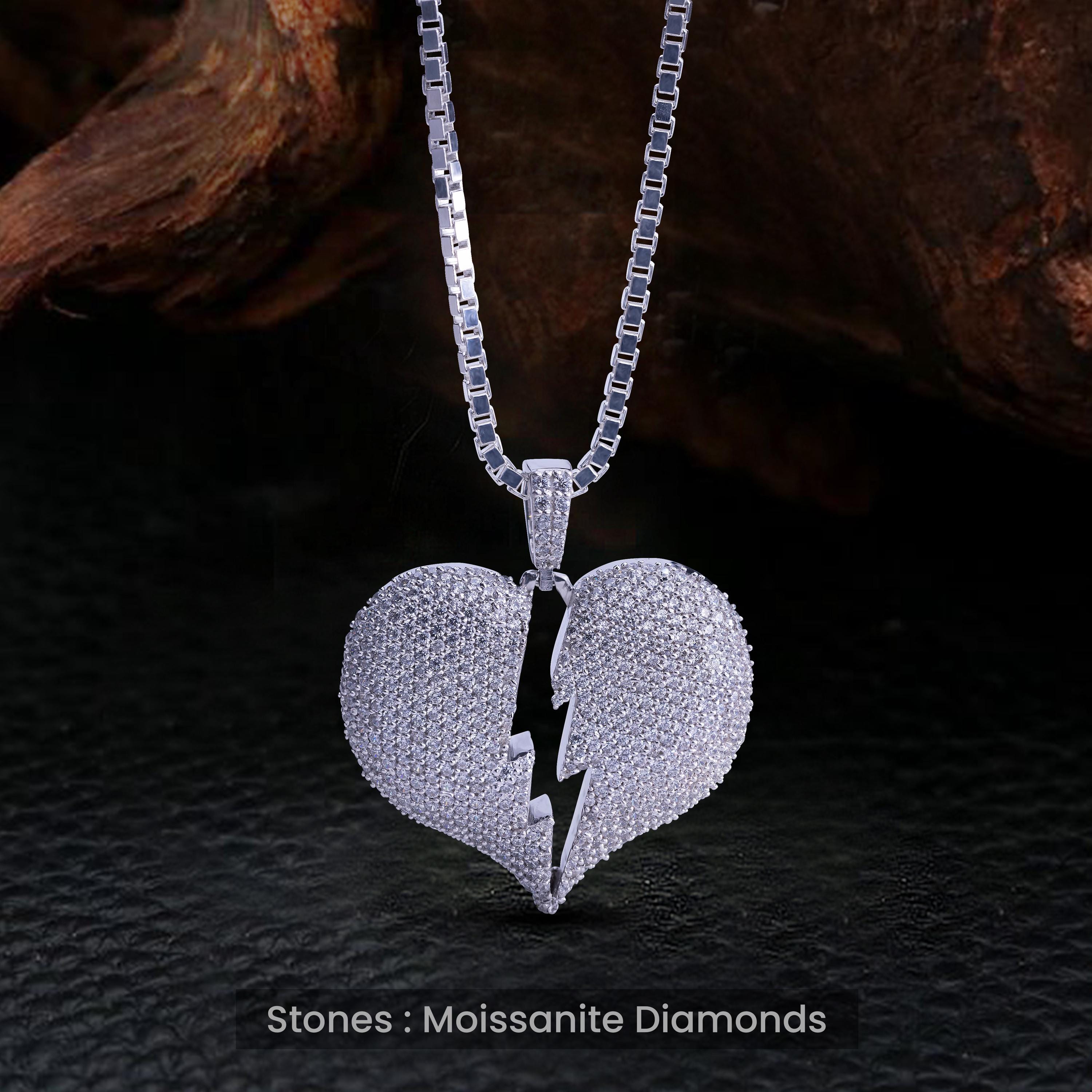 Iced Broken Heart Pendant & 24" Rope Chain Necklace - 14K Gold Plated, Unisex
