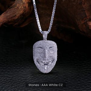 V for Vendetta Mask Necklace Men Boys Iced Out Guy Fawkes Anonymous Mask Pendant with Chain Hip Hop Jewelry Sterling Silver Biker Gamer Gift