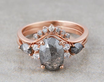 Galaxy Diamond Oval Cut Ring-Natural Salt and Pepper Diamond Ring Set-Solid Rose Gold Bridal Ring Sets-Grey Diamond Engagement Wedding Rings