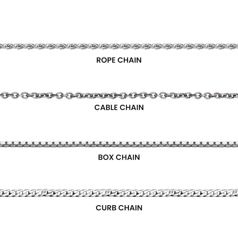 May include: Four silver chain styles are shown against a white backdrop. The chains include a rope chain, cable chain, box chain, and curb chain. Each chain style is labelled with its name in black text.
