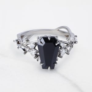 Black Coffin Engagement Ring, &quot;Till Death Do Us Part&quot; Dark Macabre Gothic Wedding Rings for Women, AAA CZ Solid White Gold Statement Jewelry