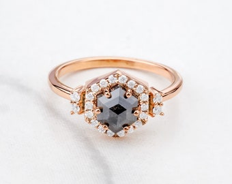 Hexagon Ring, Grey Natural Rustic Salt and Pepper Diamond Halo Moissanite Hexagon Rose Cut Engagement Ring in Rose Gold, White Gold, Silver