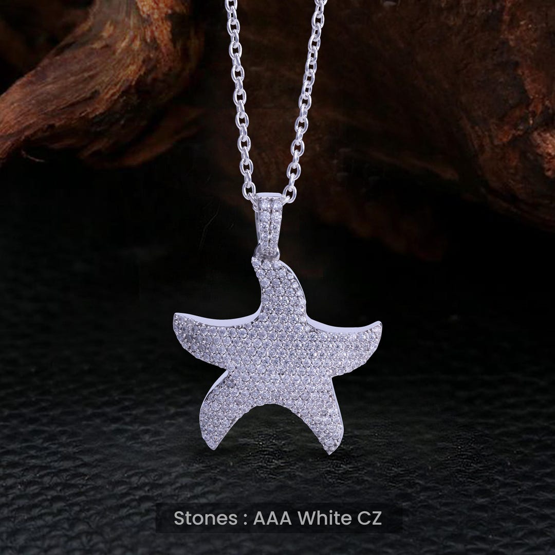 Iced Out Starfish Necklace 925 Sterling Silver Sea Star Pendant With ...