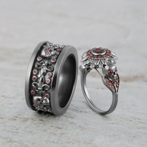 Skull Couple Rings Matching Gothic Wedding Ring Set His and Her Promise Rings Flower Skull Engagement Ring Red Garnet Gothic Jewelry Silver
