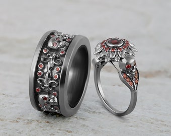 Skull Couple Rings Matching Gothic Wedding Ring Set His and Her Promise Rings Flower Skull Engagement Ring Red Garnet Gothic Jewelry Silver