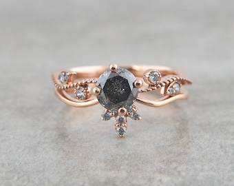 Natural Salt and Pepper Diamond Ring Set 14k Rose Gold Art Deco Engagement Rings Round Grey Diamond Bridal Ring Sets Wedding Ring Set Womens