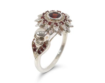 Flower Skull Engagement Ring, Red Garnet CZ 925 Sterling Silver Skull Ring for Women, Gothic Wedding Rings, Statement Jewelry Halloween Gift