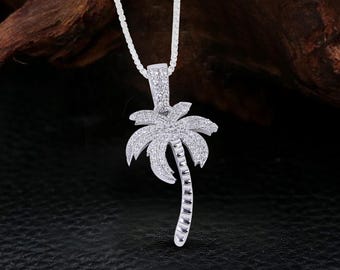 Palm Tree Pendant Necklace for Women Hawaiian Tropical Jewelry 925 Sterling Silver Nature Seaside Ocean Beach Lover Holiday Summer Jewelry