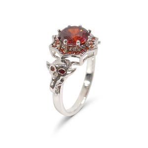 Orange CZ Sapphire Skull Ring Sterling Silver Vampire Skull Engagement Ring Gothic Wedding Ring for Women Halloween Goth Jewelry Octagonal